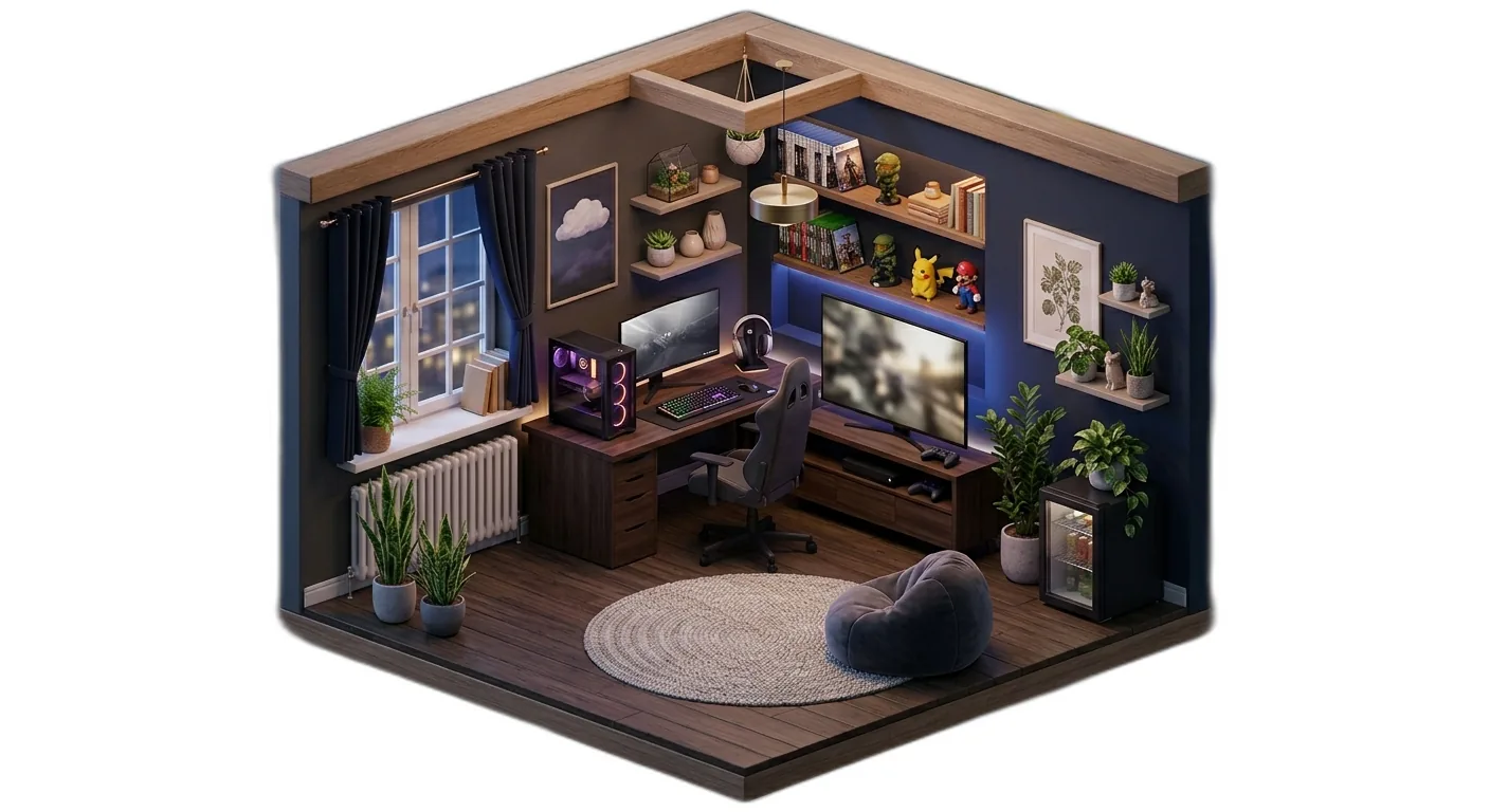アイソメトリックのゲーム部屋シーン